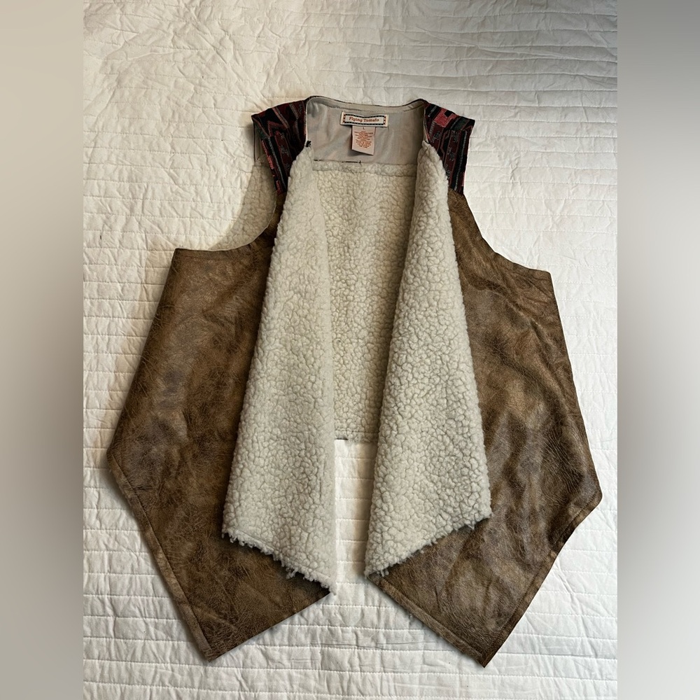 Flying Tomato Sherpa Lined Aztec Open Vest Faux Suede Southwestern Boho